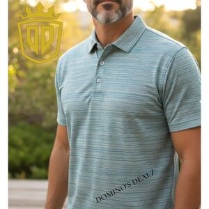 AndersonOrd Performance Golf Polo Shirt Men's L Gray Aqua Stripe Seahorse Logo